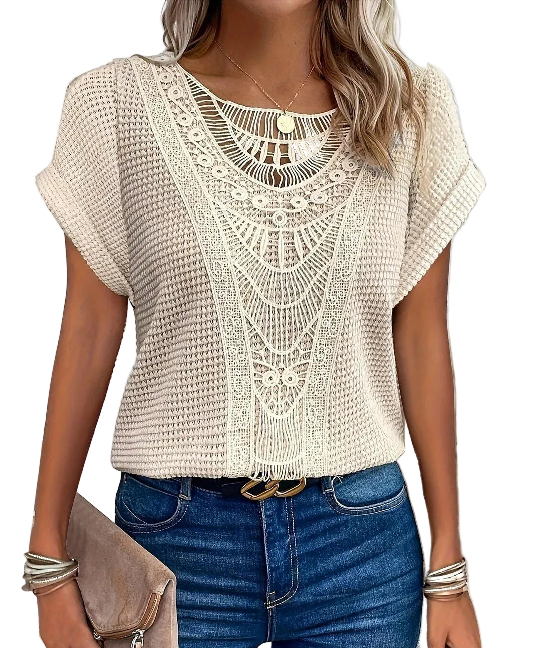Women’s Short Sleeve Crochet Panel Blouse